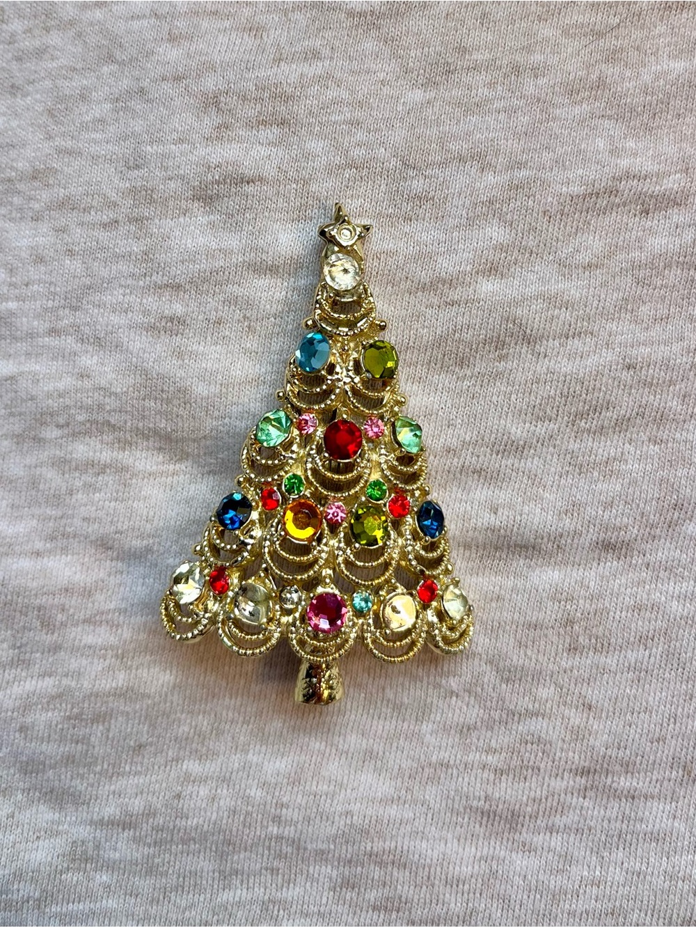 Antique Gold-Tone Multicolor Crystal Christmas Tree Brooch